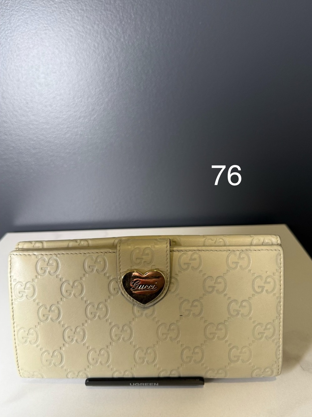 Gucci Cream Embossed Leather Heart-Emblem Continental Wallet
